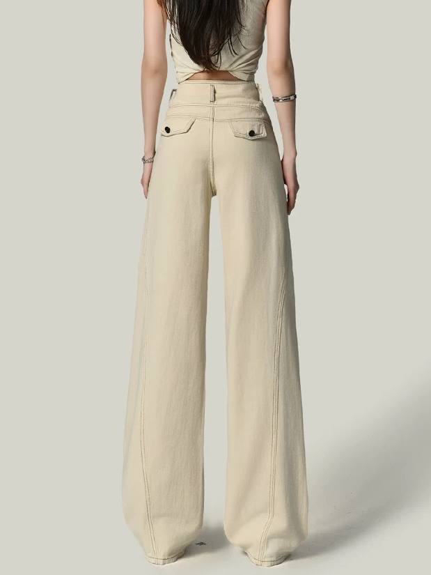 Almond Beige Wide-Leg Jeans – High-Waist Draped Straight Pants for Effortless Everyday Looks