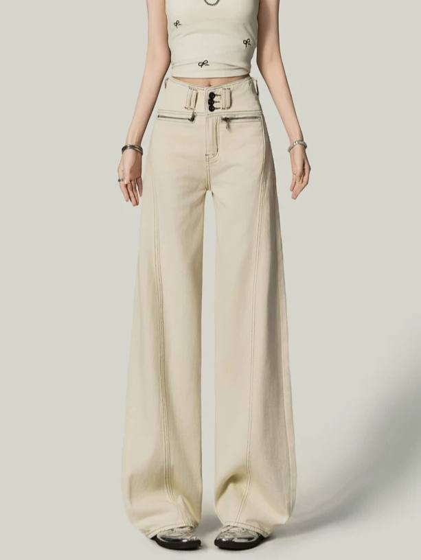 Almond Beige Wide-Leg Jeans – High-Waist Draped Straight Pants for Effortless Everyday Looks