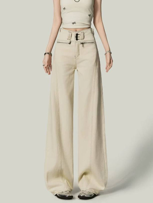 Almond Beige Wide-Leg Jeans – High-Waist Draped Straight Pants for Effortless Everyday Looks