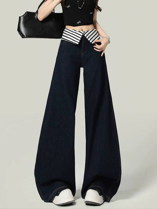 Vintage Stripe Wide-Leg Jeans – High-Waist Cuffed Denim Trousers in Deep Blue