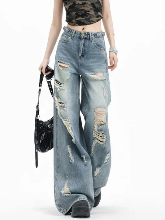 Light Blue Distressed Wide-Leg Jeans – High-Waist Loose Straight Pants for Summer Street Looks